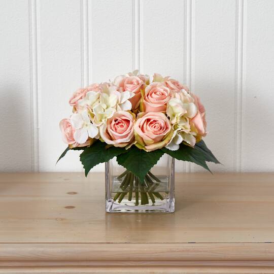 9" Pink Rose & Hydrangea Bouquet Arrangement in Vase